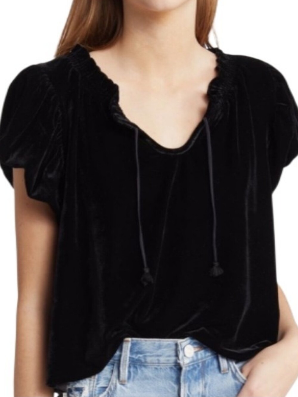 Free People Terese Black Velvet Puff-Sleeve Tie Front Top
